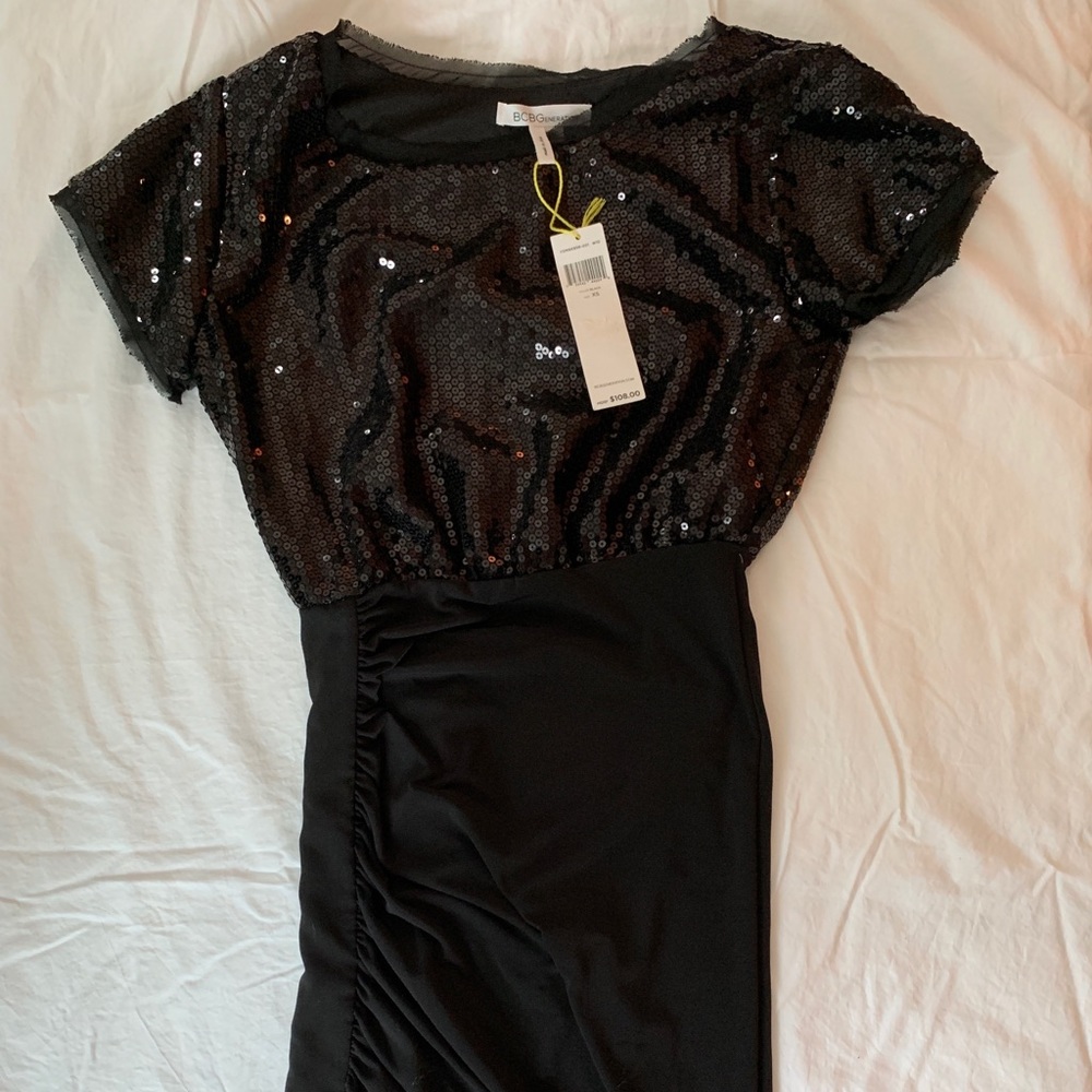 BCBGeneration Black Sequin Ruched Dress XS New